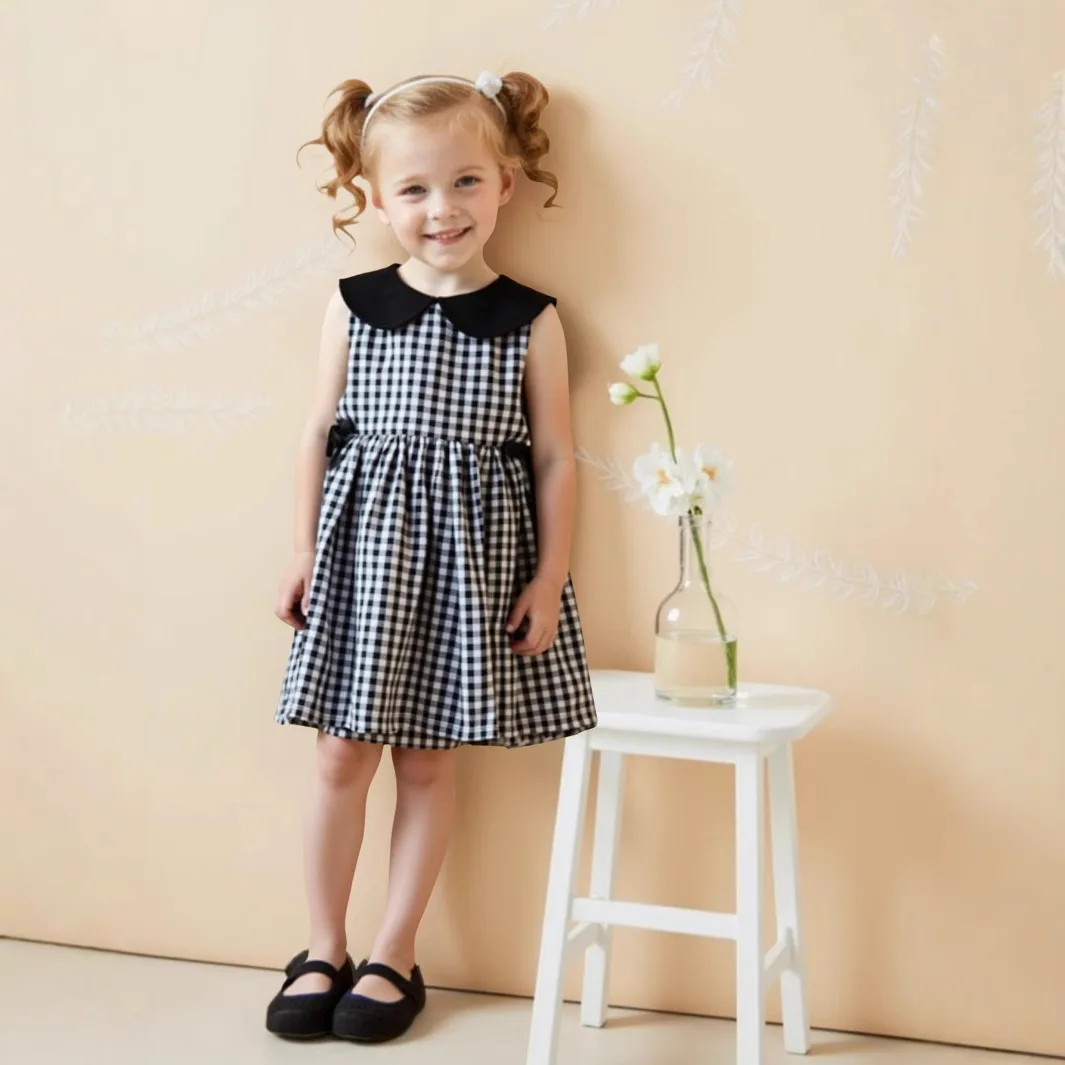 Girls Summer Plaid Princess Dress Women's Baby Vintage Small Pan Collar Dress Vest Dresses 100-130cm