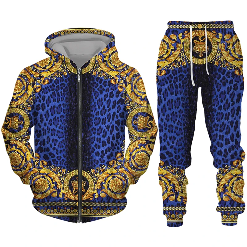 Men\'s Zipper Tracksuit Set Luxury Golden Pattern 3D Print Casual Hoodie Pants 2pcs Sets Oversize Sweatshirt Fashion Man Clothes