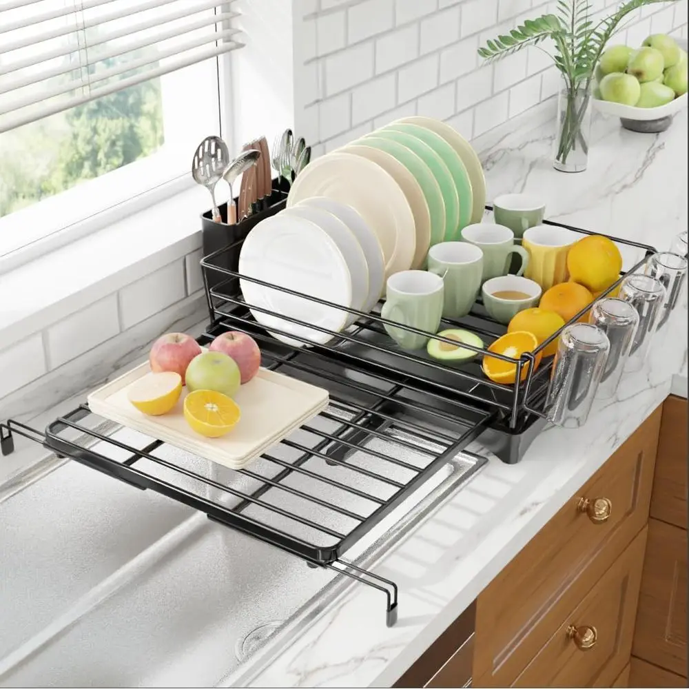 

Expandable Dish Drying Rack or Kitchen Counter, Large acity Dish Drainer with Utensil Holder & Drip Tray, Space Saving Organizer