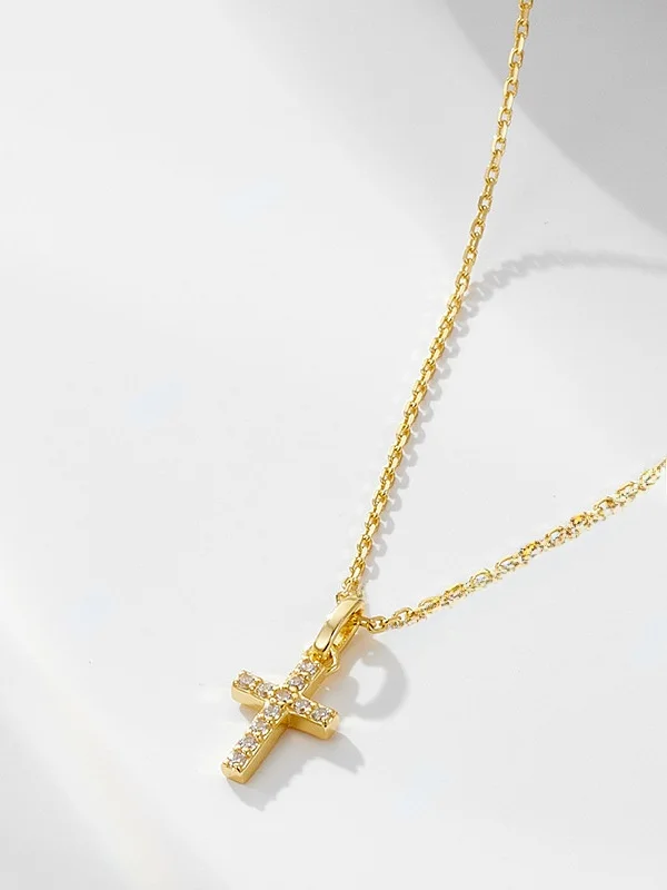 シンプルなデザインのダイヤモンドセットクロススターリングシルバーネックレス、ファッションアクセサリー、中国製ノーブランド品