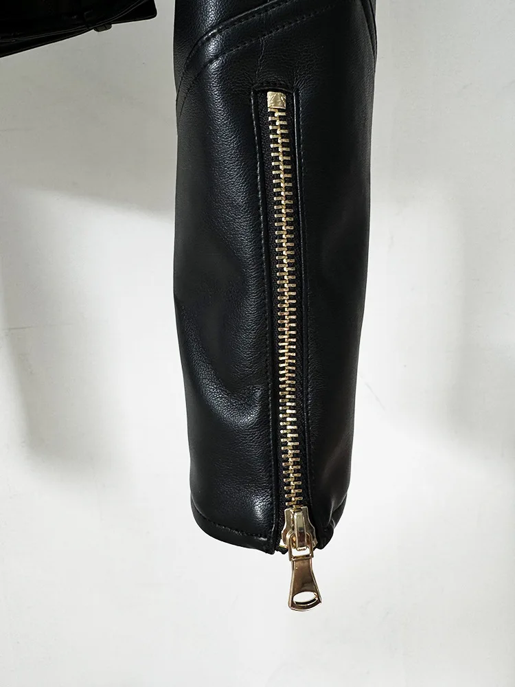 High quality designer fashion shrugged double breasted zipper short women's motorcycle socialite leather jacket