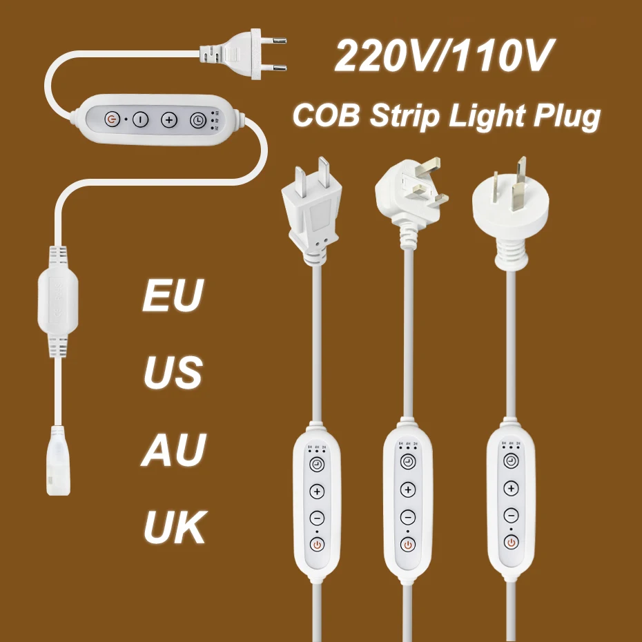 Dimmer Timer Switch Power Plug US/EU/AU/UK for 110V/220V 10mm COB LED Strip Light with ON/OFF Button Accessory