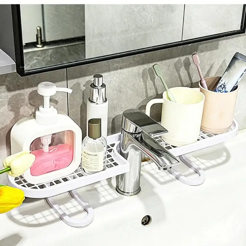 Anti Slip Faucet Storage Rack Bathroom Counter Skincare Cosmetics Organizer Holder Hollow Out Drainer Bathroom Shelf