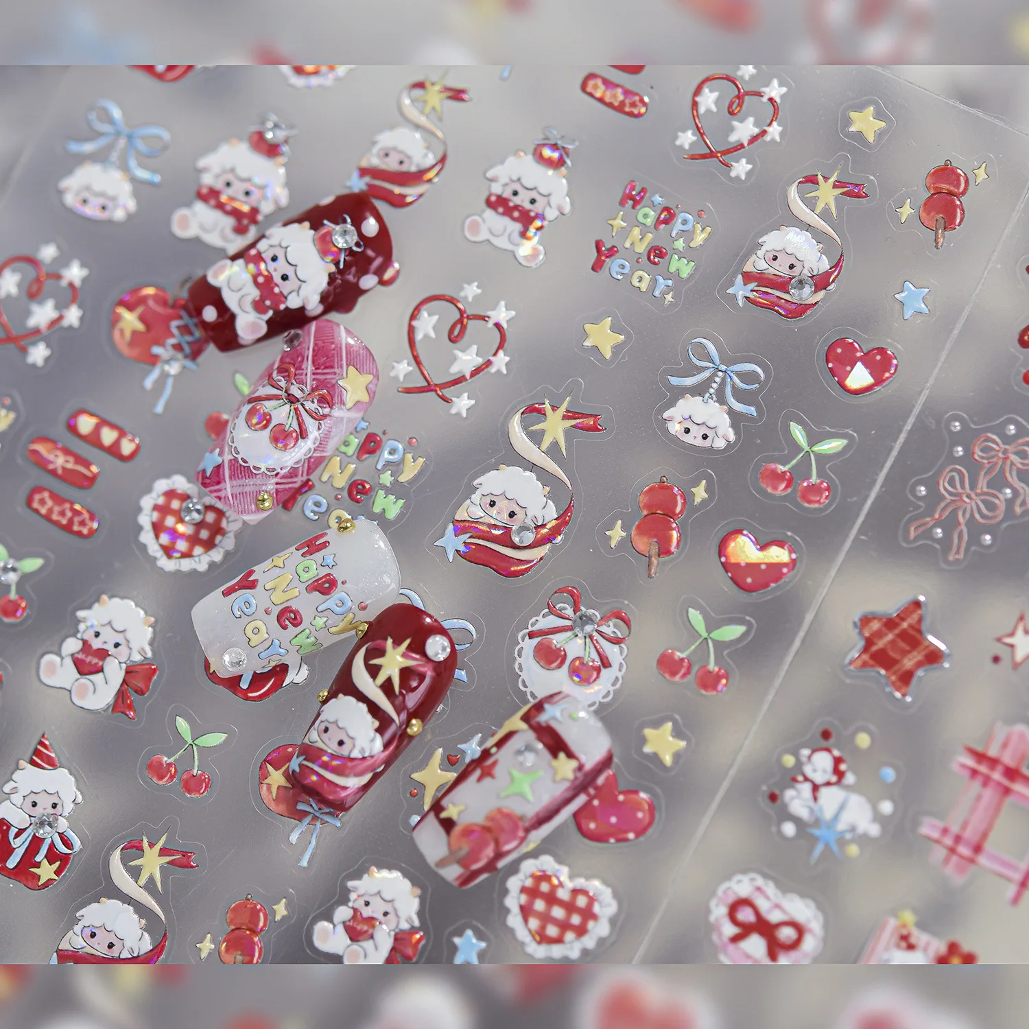 Cute New Year Sheep Nail Stickers Bow Cherry Love Heart Apple Stars Gift Box Set Pattern Self Adhesive Nail Decoration Stickers