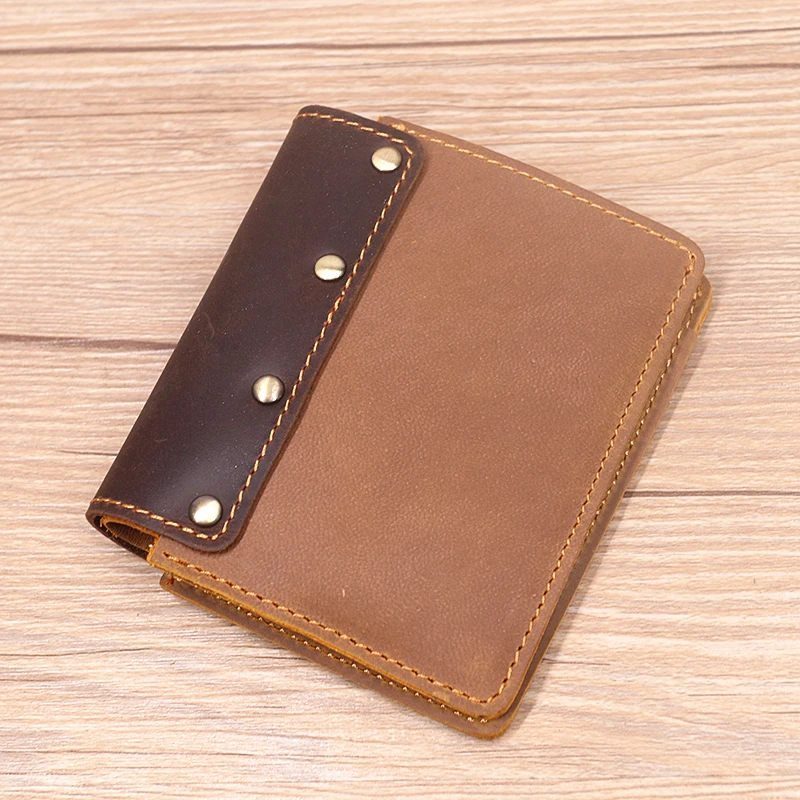 Genuine Leather Wallet For Men Male Vintage Cowhide Short Small Slim Bifold Man Purse With Pull Tab Credit Card Holder ID Window