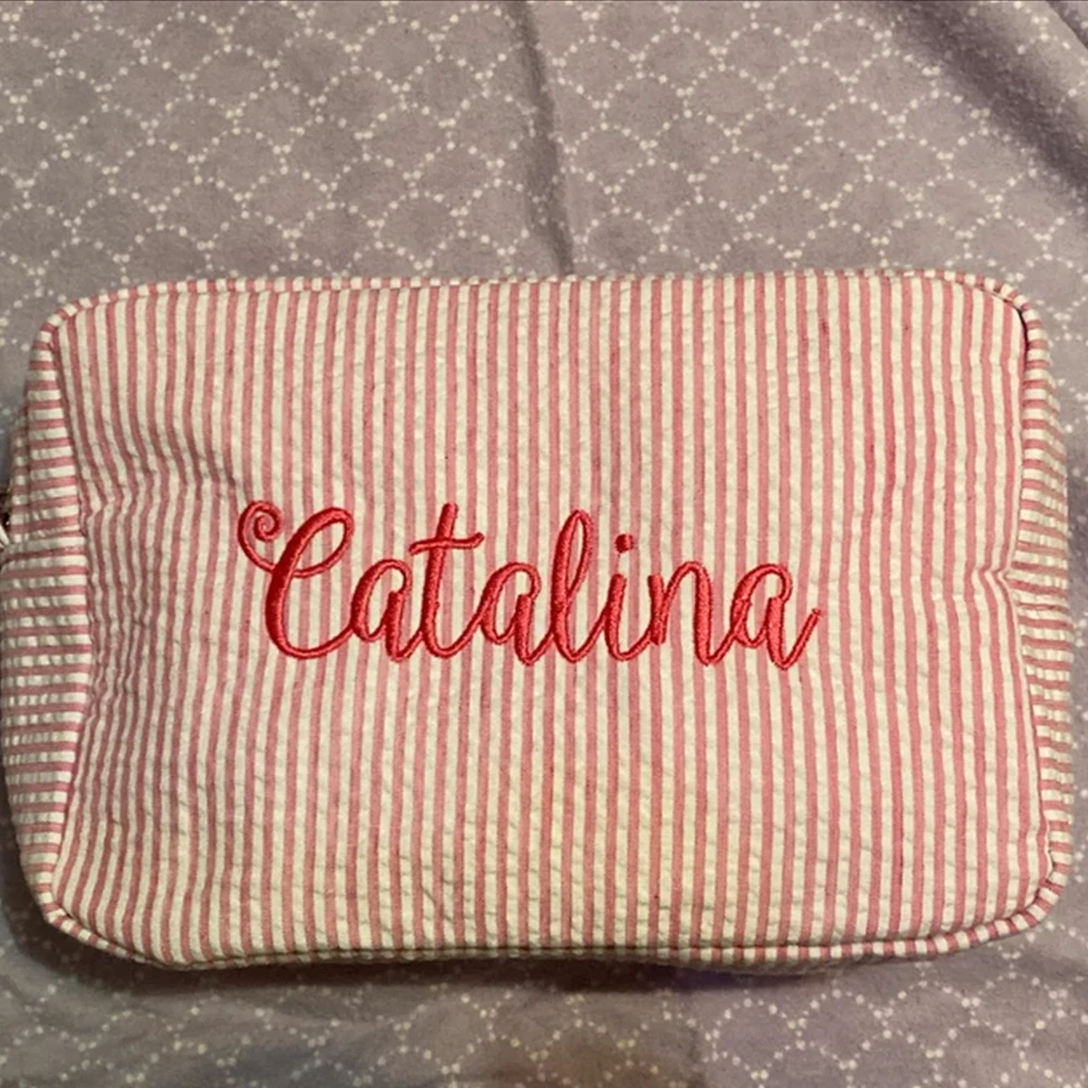 Embroidered Seersucker Cosmetic Bag Custom Name Women\'s Travel Toiletry Bag Personalized Stripe Gift Handbag Purse Bag for Lady