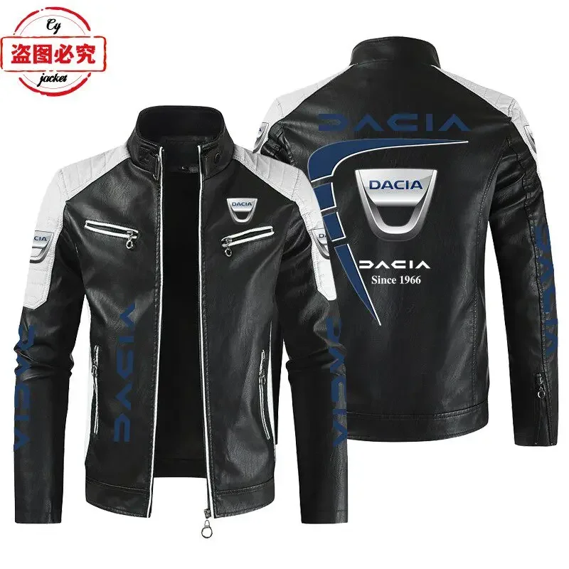 Dacia Car Logo Printed Racing Suit PU Leather Jacket Stand Collar Windproof Men's Jacket Dacia Team Jacket Work Suit Zipper