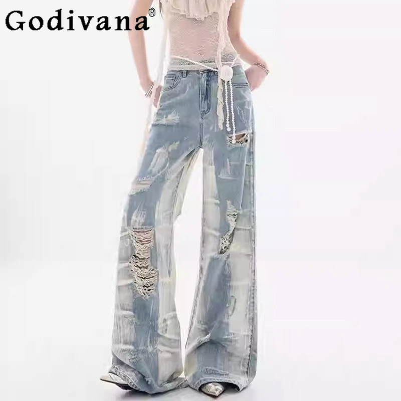 Spring Summer New Loose Blue Gradual Change Ripped Jeans Women Versatile Fashion Personality Handsome Street Straight Pants