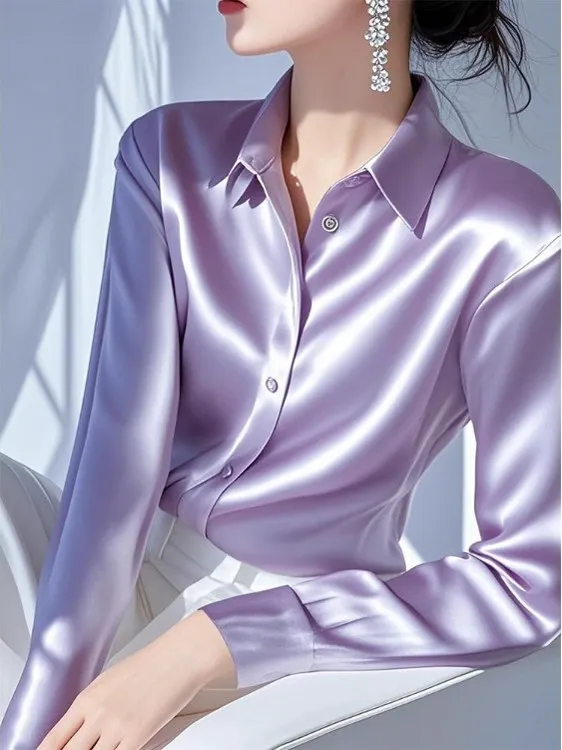 

Фиолетовая шелковая блузка Ele для женщин, с длинным рукавом, модная, роскошная, весенне-осенняя, прямого кроя, из полиэфирного волокна