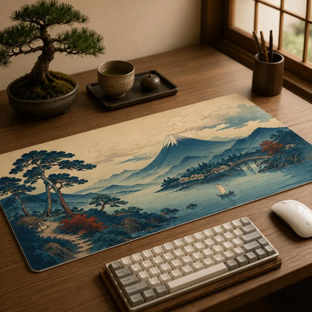 Vegan Leather Desk Mat, Ukiyo-e Mount Fuji Mouse Pad, Vintage Japanese Art Keyboard Pad, Zen Desk Decor, Retro Asian Aesthetic