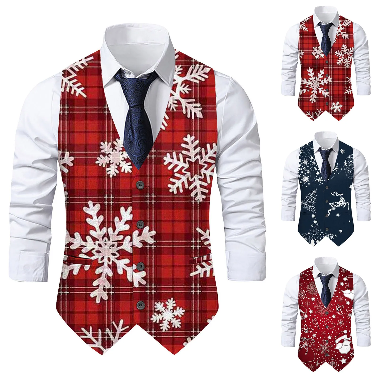 Fashion Single Breasted Suit Vests for Men Fashion Snowflake Male Waistcoat Christmas Red Slim Fit Formal Business Casual Vest