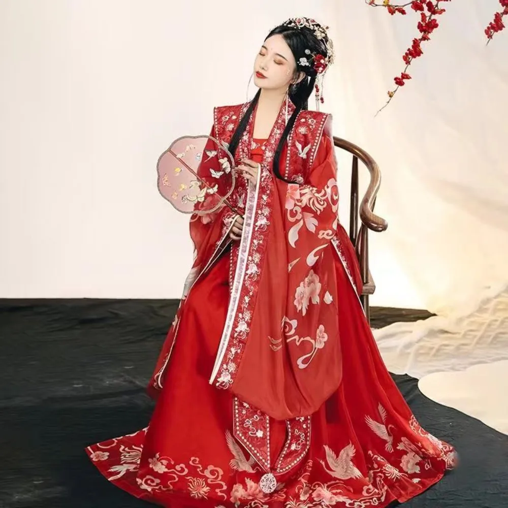 الأحمر Hanfu المرأة سونغ سلالة زفاف العروس تأثيري حلي شيا بي الخصر طول تنورة الملابس الصينية التقليدية للنساء