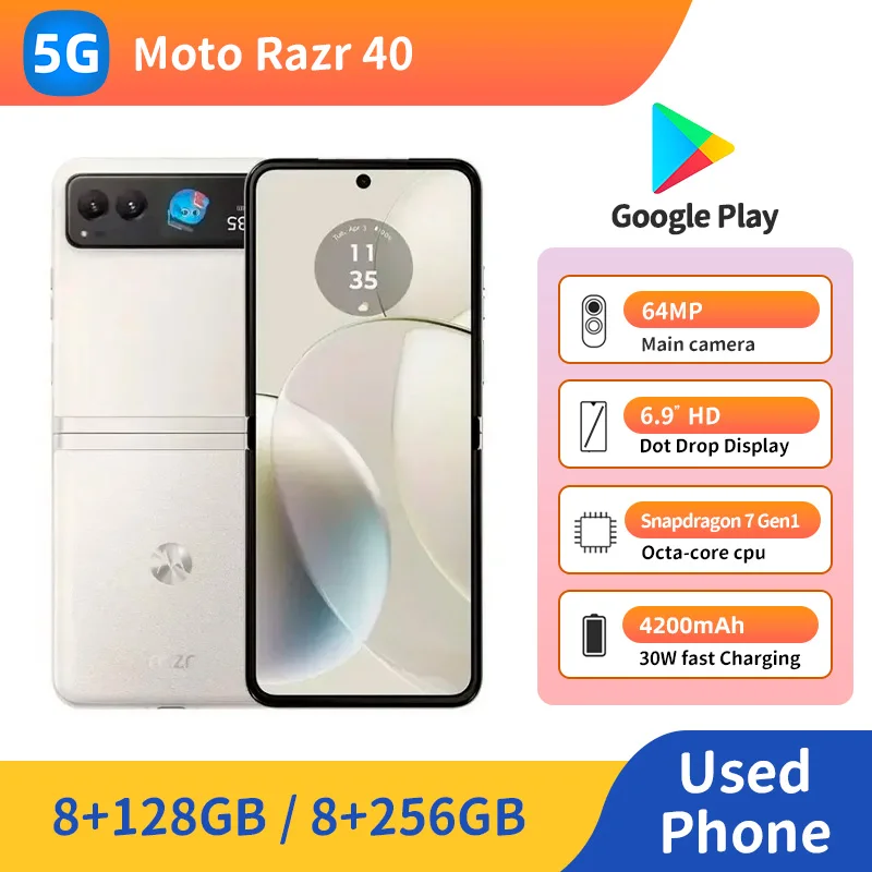 هاتف Motorola Razr 40 5G RAM 8GB ROM 256GB Snapdragon 7 Gen1 64MP 4200mAh 6.9 بوصة 2640x1080px 144 هرتز مستعمل