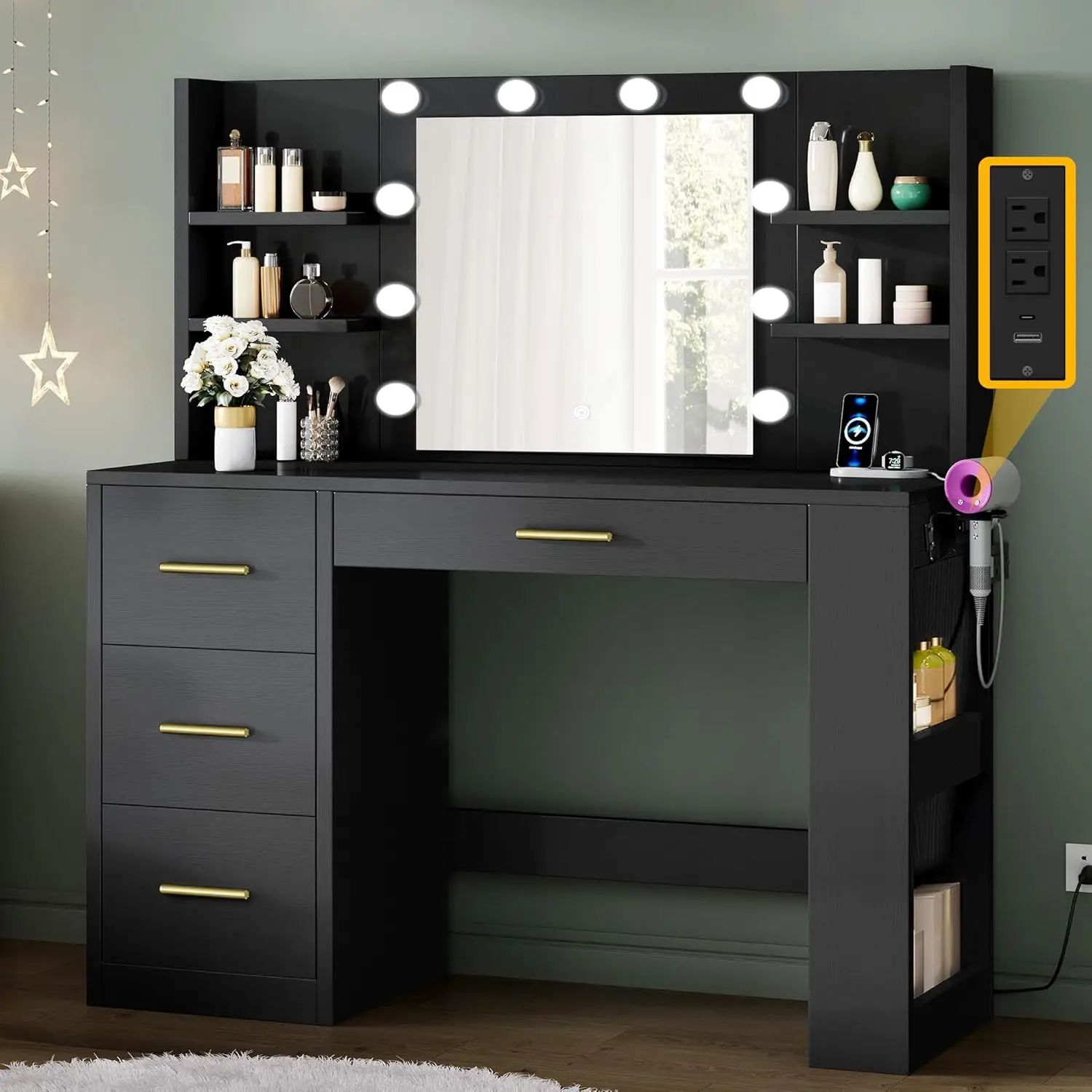 

Vanity Desk with Mirror and Power Outlet, Makeup Table with 4 Drawers and 6 Storage Shelves, Adjustable 3 Lighting Colors