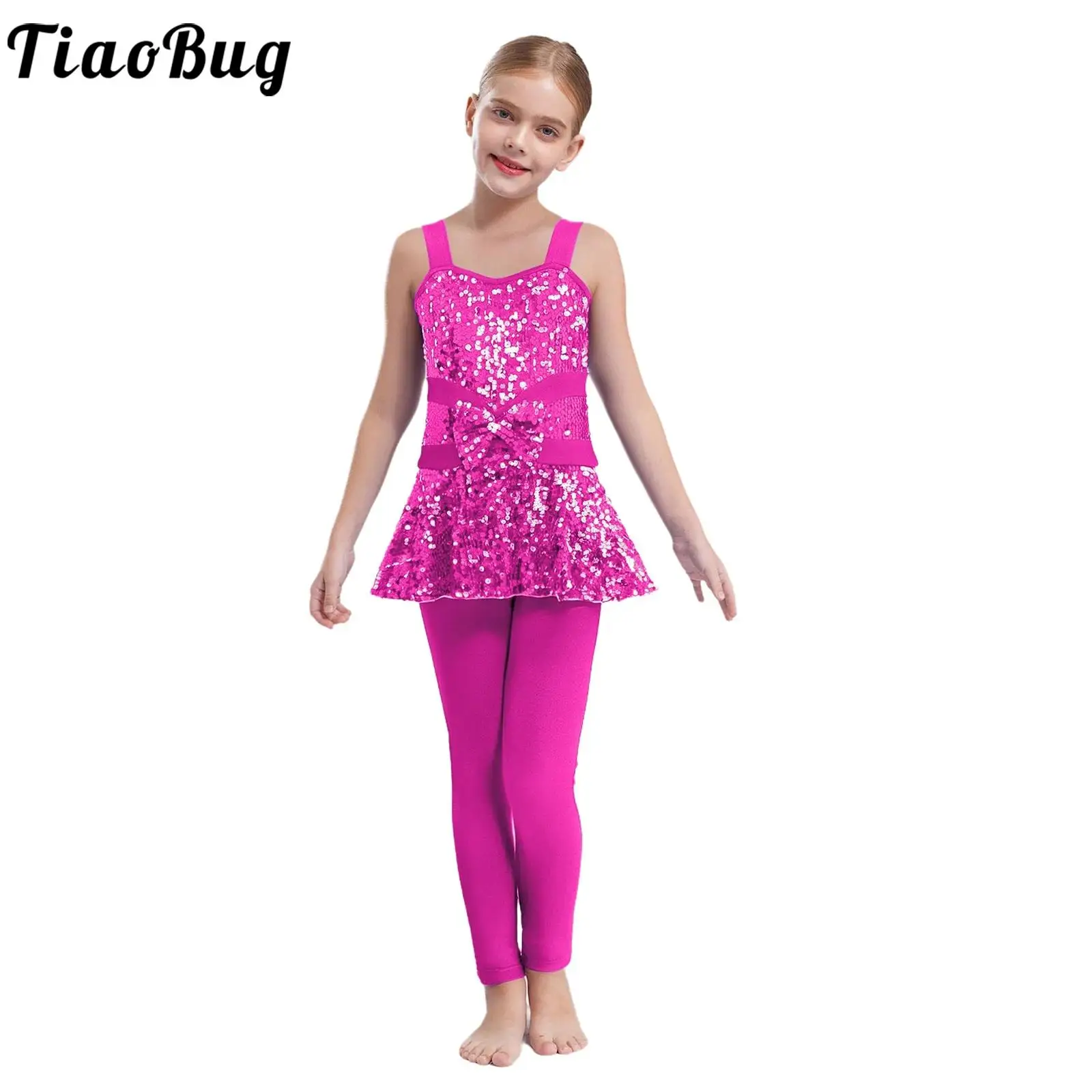

Children Girls Ballet Jazz Dance Figure Skating Gymnastics Performance Costume Sleeveless Shiny Sequins Peplum Jumpsuit Leotard