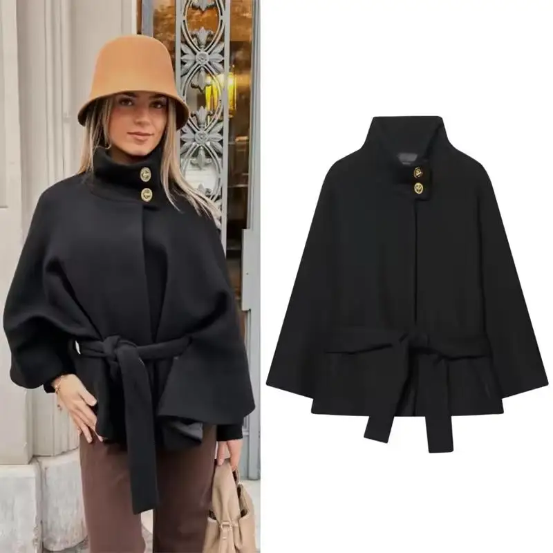 

Women Short Coat with Cape Sleeves and Belt Casual Spring Vintage High Neck Short Jacket Long Sleeve Lady Coats Female Chic Tops