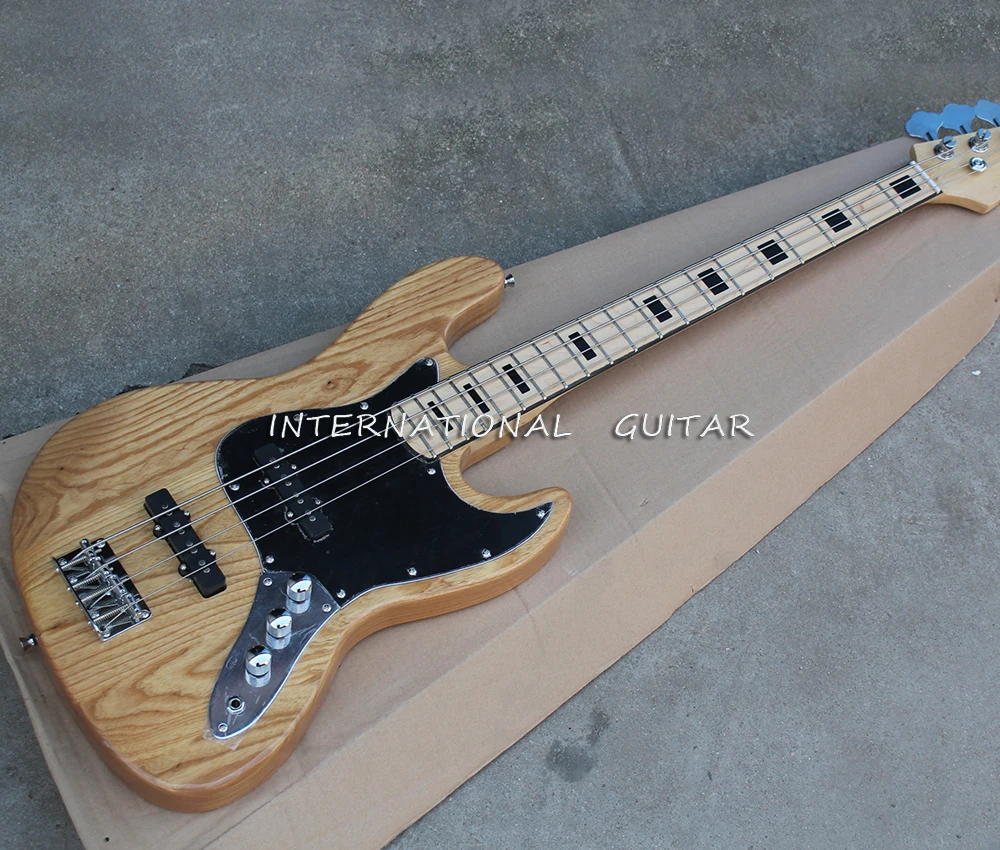 Natural Wood Color 4 Strings Ash Electric Bass Guitar with Maple Fretboard,Black Pickguard,Customizable