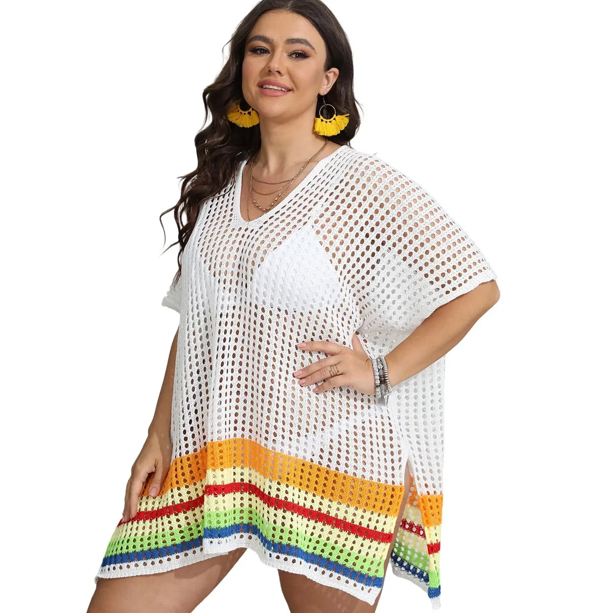 

Plus Size Oversize Block Color Stripe Patchwork Women's Beach Dress Bikini Cover Up Knitted Hollow Split Half Sleeve Beachwear