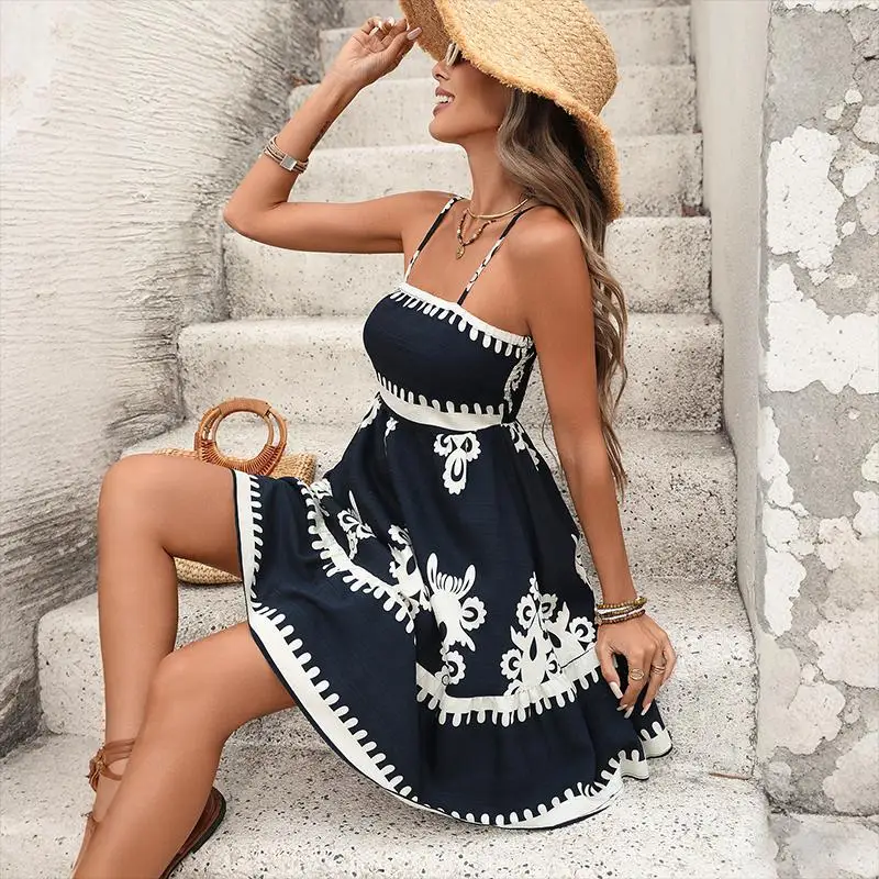 

Women's Royal Blue Print Mini Dress Spaghetti Strap Square Neck A Line Flowy For Summer Beach Vacation Party Casual Wear