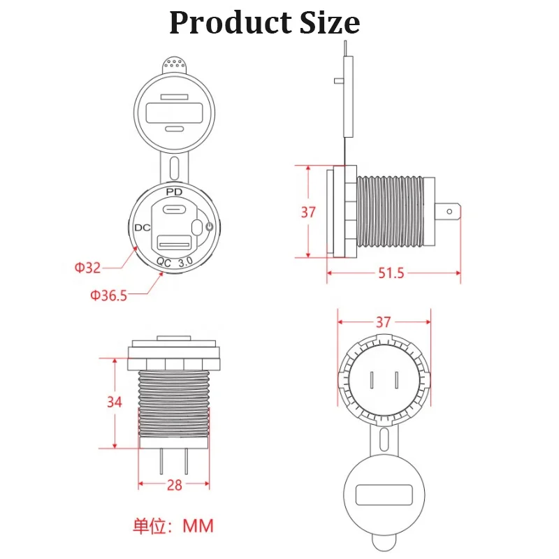 Quick Charger Golf ATV Aluminum alloy housing 18W QC3.0 and 30W Type C USB charger with voltmeter and button switch