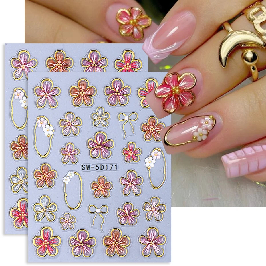 

5D кристаллическая лилия с тиснением для ногтей, красочные лепестки, золотая линия, рамка, бант, сердце, слайдер, наклейка, сделай сам, маникюрный декор, аксессуары, инструменты