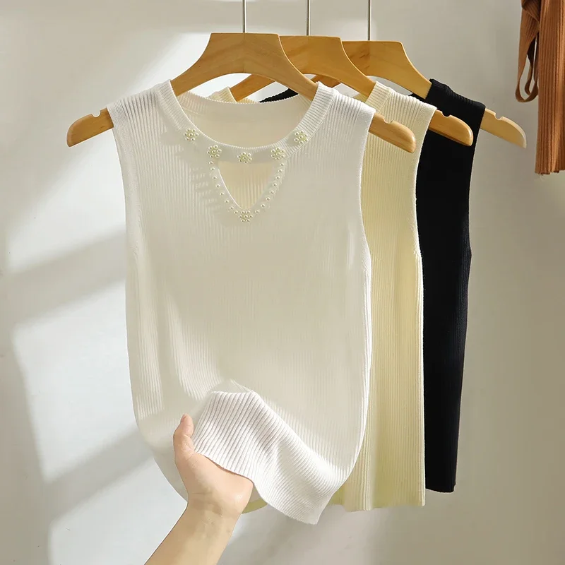 Nail Bead Knitted Top For Women's Spring/summer 2026 New Solid Basic Bottoming Shirt Elegant Hollow Ice Silk Sleeveless Top