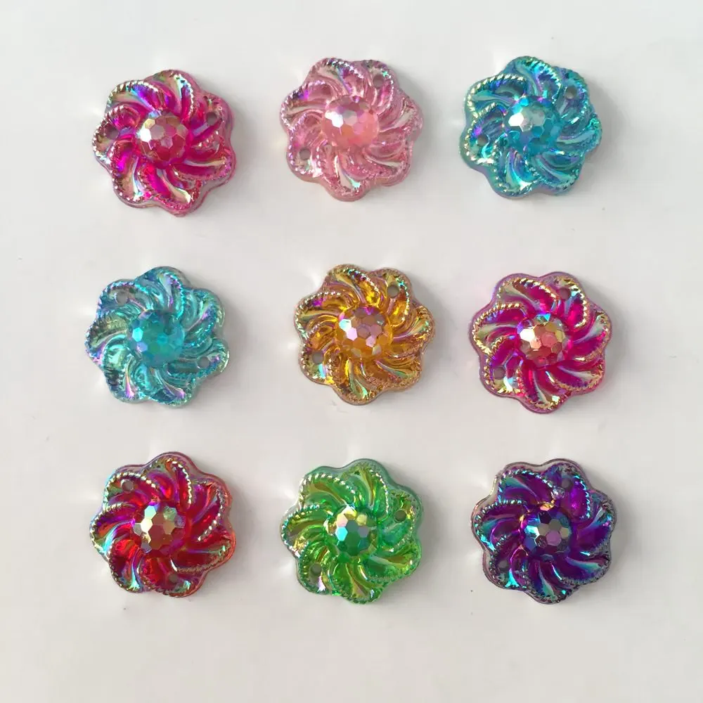 40PCS 15mm AB Resin Flower Rhinestone Flatback Wedding Diy Buttons 2 Hole Crafts Jewelry Accessories K26