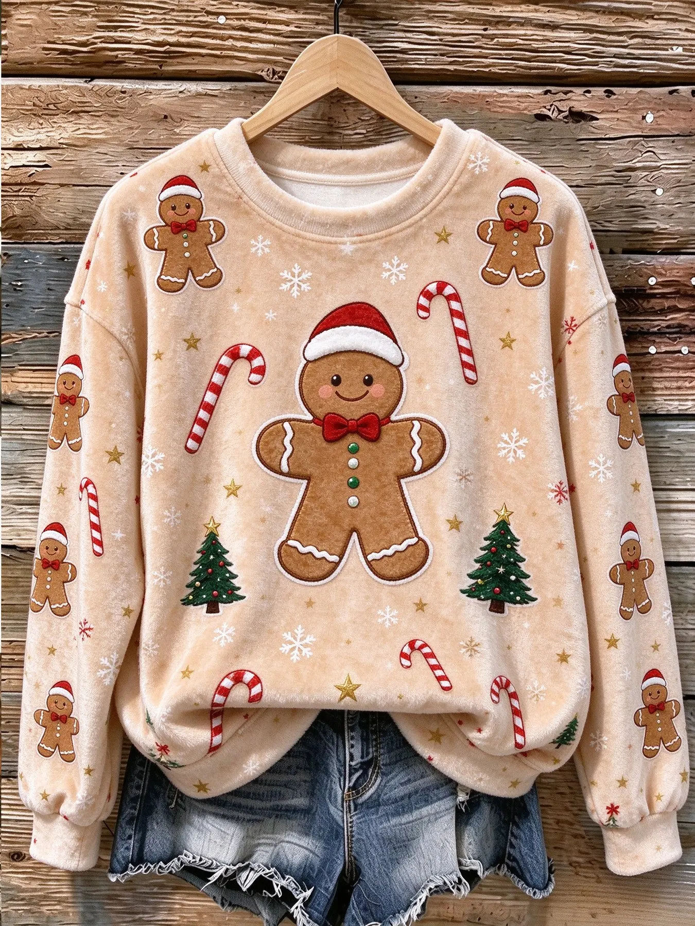 Women Autumn Winter Flannel Sweatshirt Gingerbread Man Candy Cane Christmas Tree Print Warm Cozy Loose Pullover Women's Clothes