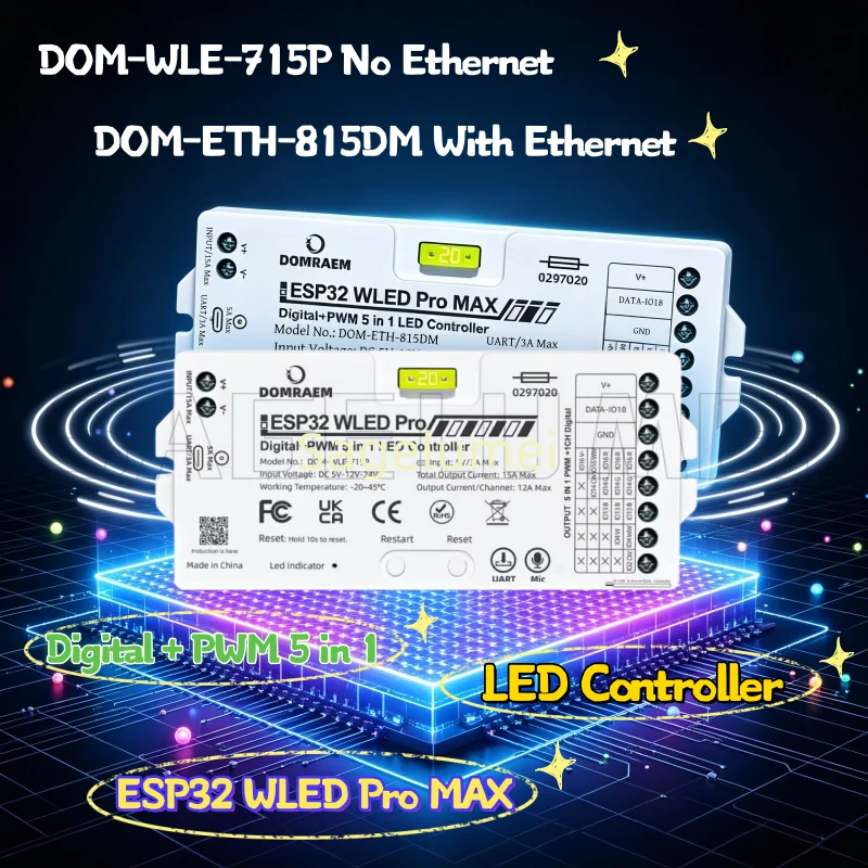 DOMRAEM ESP32 All in One Digital+PWM LED Controller Pro/Pro MAX 5IN1 Ethernet/WiFi Music Sync Alexa Home Assistant WS2812B WLED