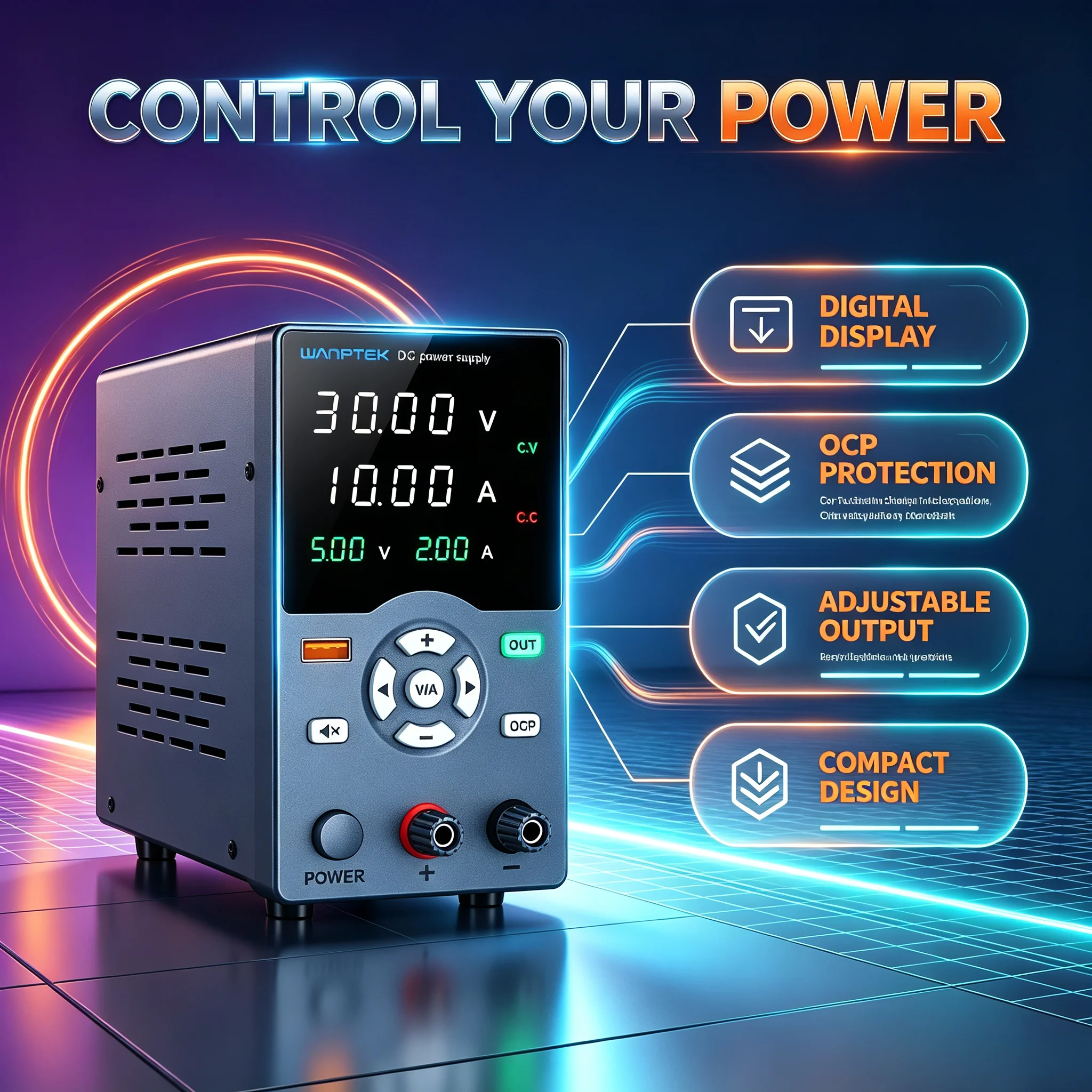WANPTEK GC Series Adjustable DC Power Supply,4‑Window Dual‑Color Display,USB Fast Charge,CV/CC for Repair Lab