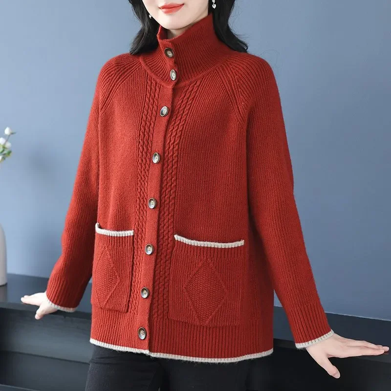 

Lapel Knitted Cardigan for Women Spring Autumn New Loose Western Style Cardigan Sweater Jacket