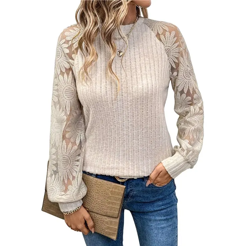 

CYL-Female Casual Top Mesh Lace Long Sleeve Shirts Knit Blouse Crewneck Shirt Fall Women Tops Pullover