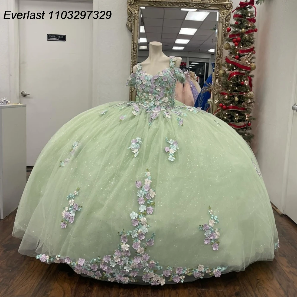 

EVLAST Glitter Green Quinceanera Dress Ball Gown 3D Floral Applique Beaded Crystal Corset Sweet 16 Vestido De 15 Anos QD1003