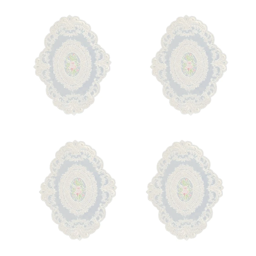 4 Pack Retro Lace Placemats, French Crochet Doilies, Handmade Embroidered Table Mats, 12x16-In Beige Place Mats Cup Mat