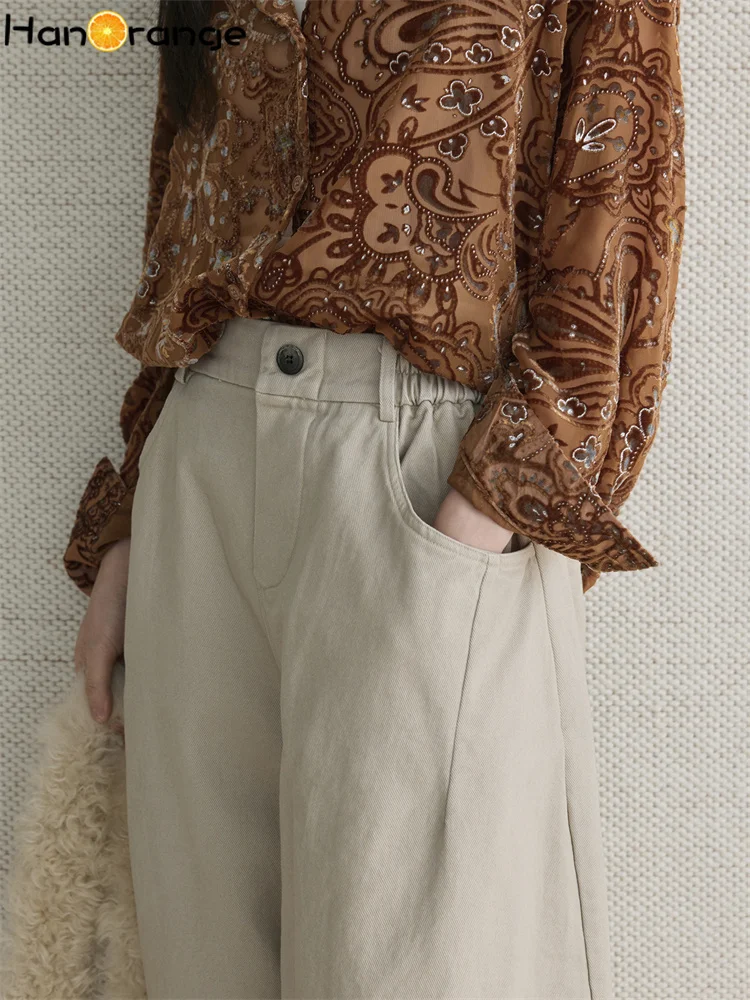 HanOrange 2025 الشتاء الرجعية الصوف الكربون المصقول القطن منحني سكين الكاحل طول السراويل النساء فضفاضة سميكة بنطلون