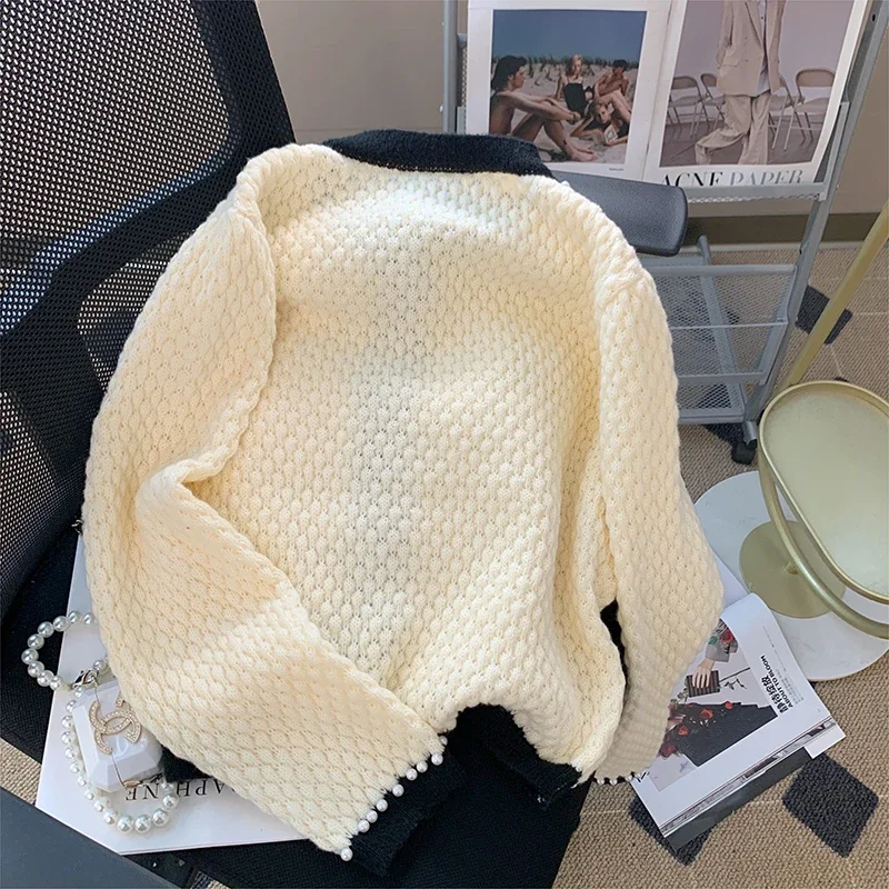 Кардиган женский, свитера с круглым вырезом и пуговицами из бисера, корейский стиль, контрастный цвет, с длинным рукавом, осенняя элегантная мода, темперамент