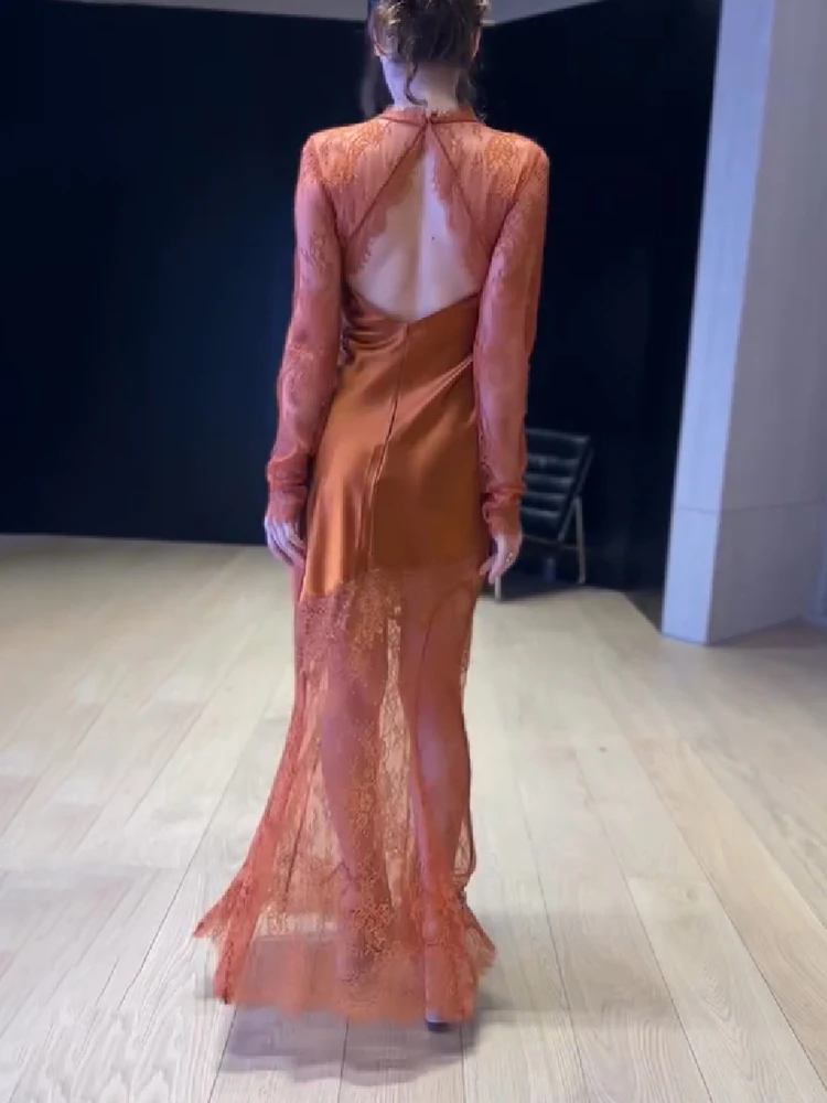 Spitzen-Maxikleid mit Stehkragen für Damen, transparente Spitzenüberlage, Satinfutter, lange Ärmel, Meerjungfrauen-Saum, elegantes formelles Damenkleid – Detail 5