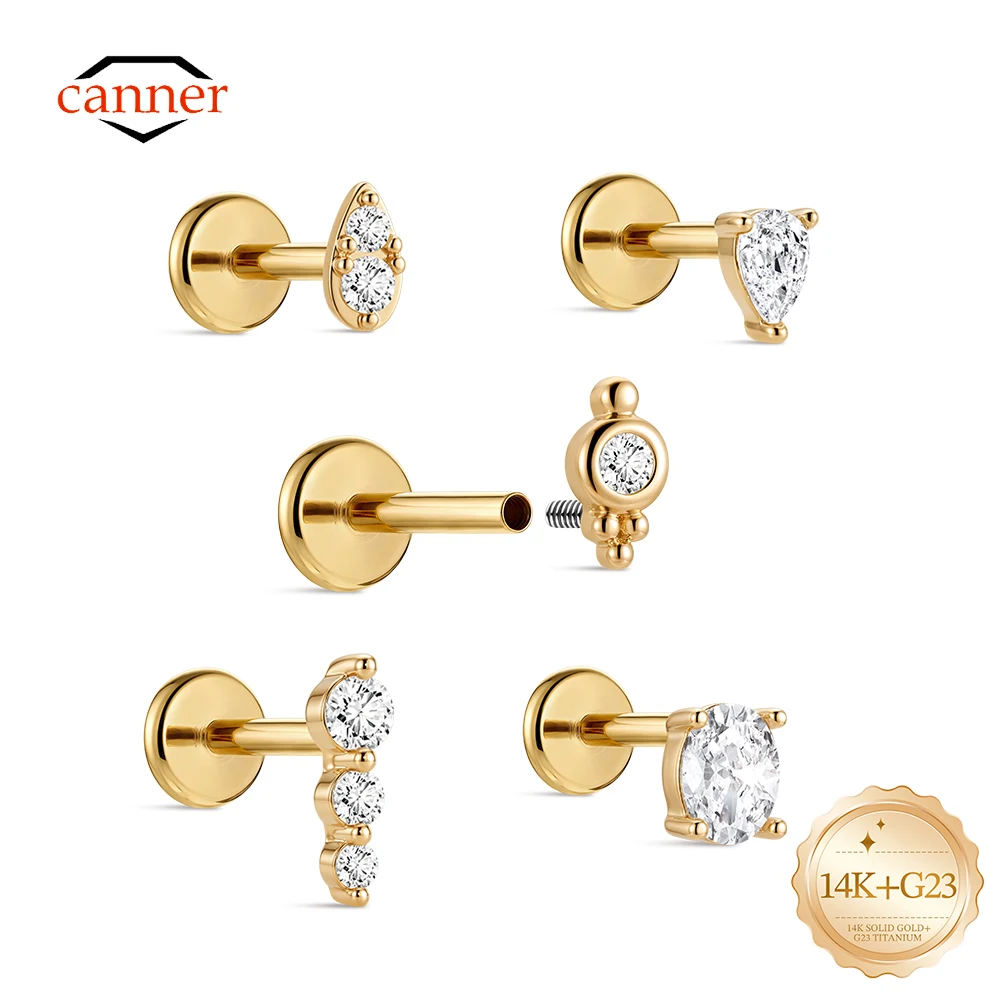 CANNER 1PC 14K Solid Gold Screw Piercing Geometric CZ Flat Back Earrings G23 Titanium Studs Hypoallergenic Cartilage Ear Jewelry