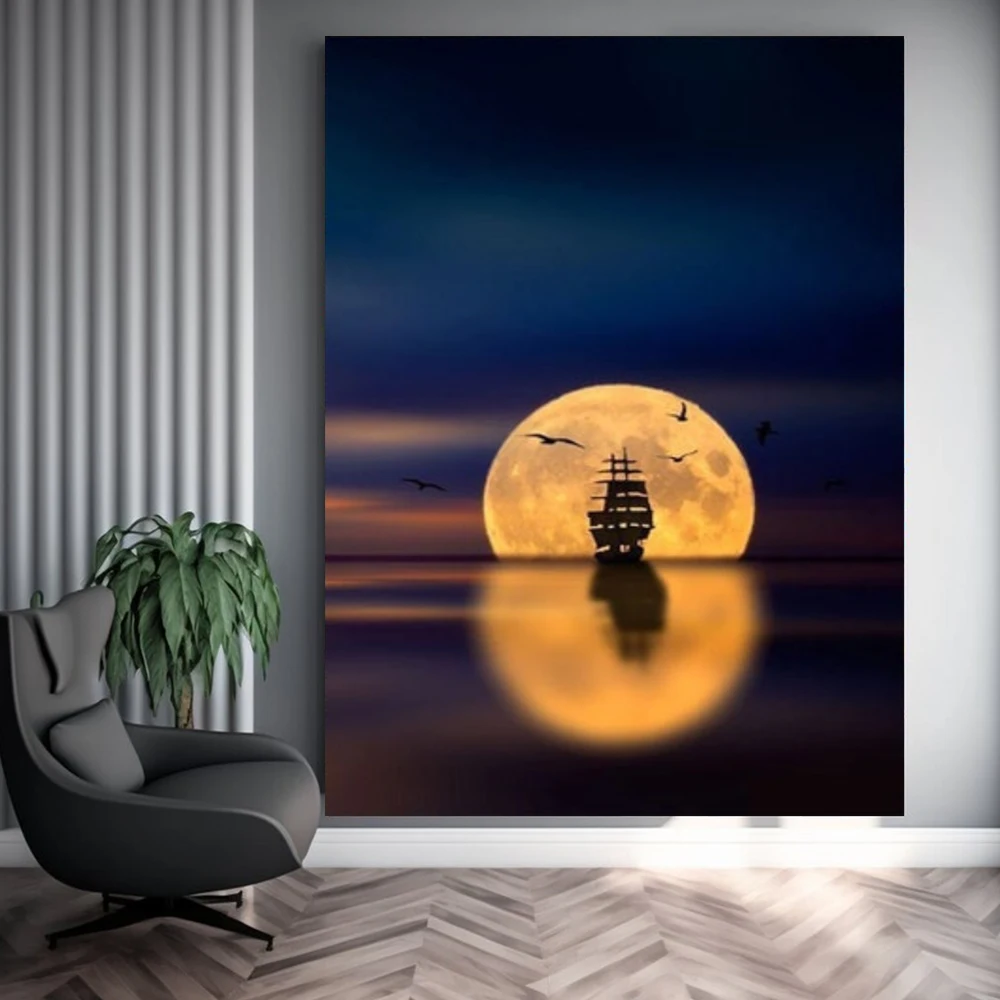 

Full Moon And Ship Landscape Poster Prints For Living Room Home Decor Modern Sea Sailboat Scenery Canvas Painting Wall Art