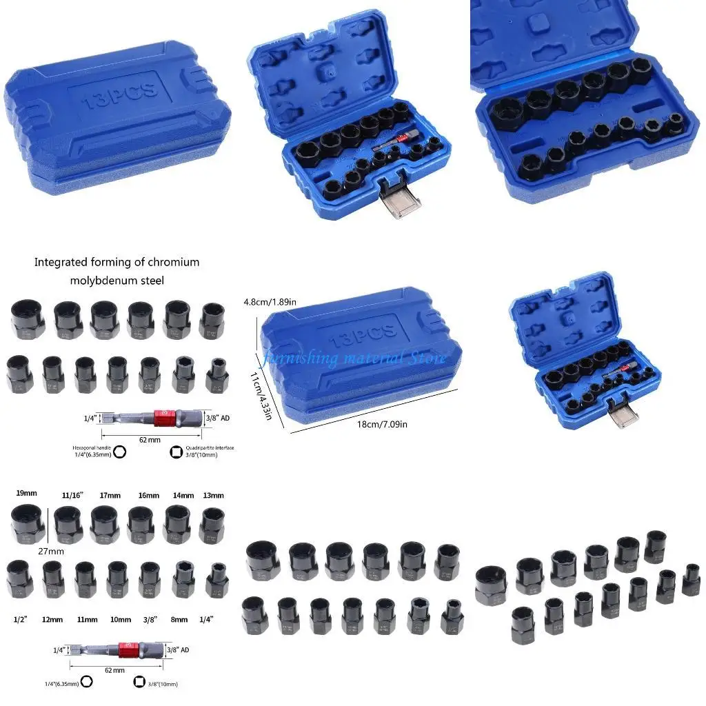 Y5GD 14 قطعة تأثير الترباس و الجوز مزيل 3/8 ''محرك براغي النازع المقبس أداة مجموعة الترباس النازع أداة مع حقيبة للتخزين