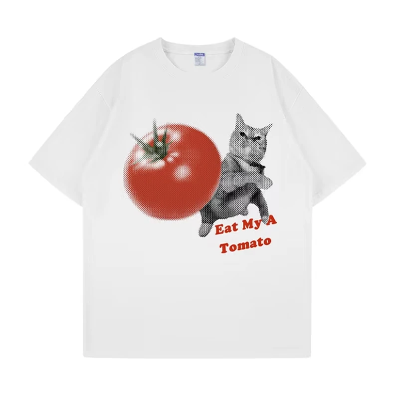 Summer Funny Cat Meme T-shirt Tomato Throwing Kitten Printed T-shirt Couple's T-shirt Women's Comfortable T-shirt Couple T-shirt
