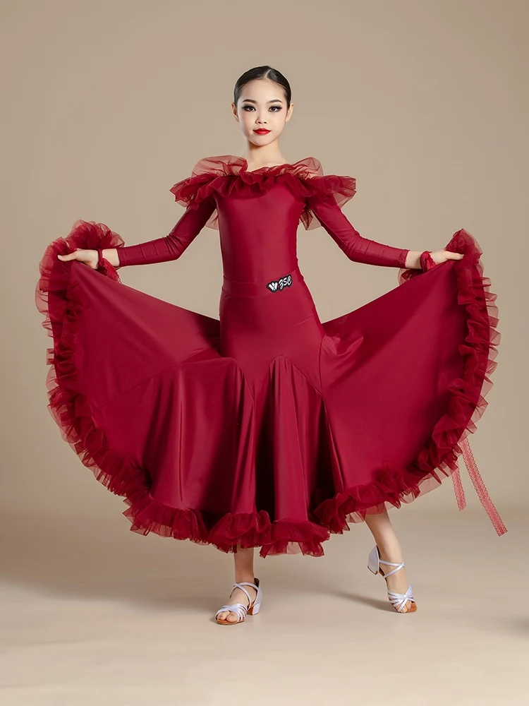 Off-Shoulder Ballroom Dancing Competition Dress Girls Tango Waltz Dance Costume Children Standard Performance Outfit VDB7972