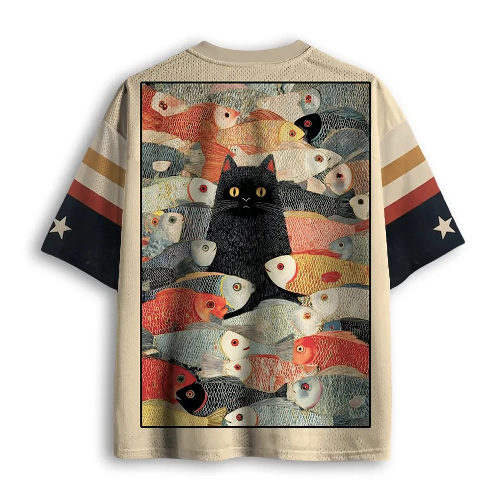 Summer Fashion and Fun Cat 3D Printed T-shirt in Fish School, Quick Drying Outdoor Sports and Leisure V-neck T-shirt Large Size