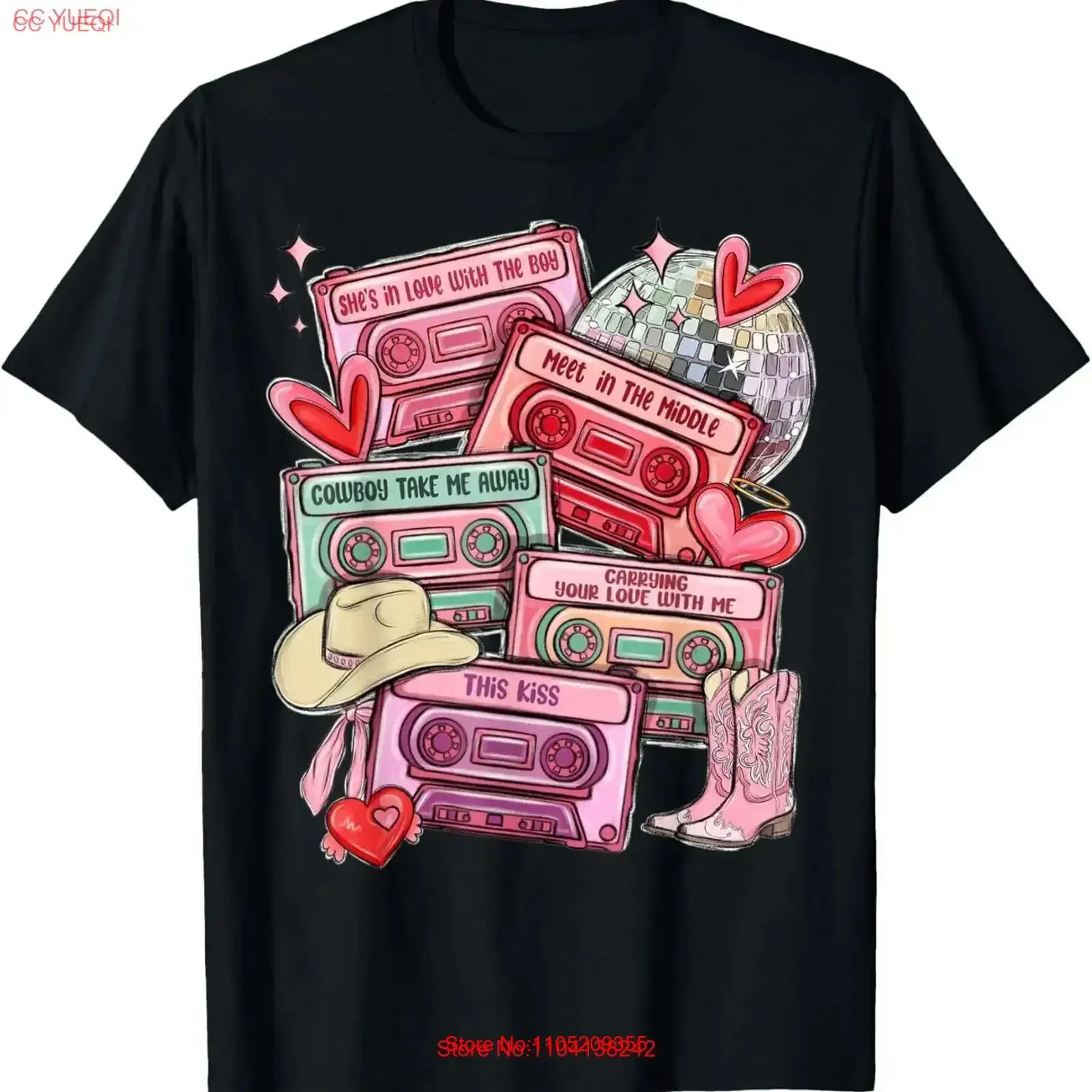 

Кассетные ленты и ковбойские сапоги, футболка для пар любви на День святого Валентина, винтажная стираная модная удобная повседневная растянутая футболка