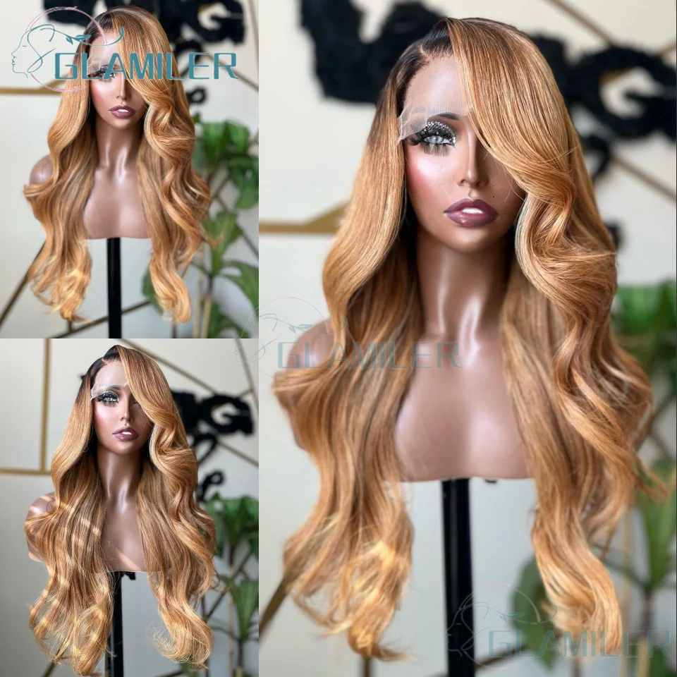 

Natural Wavy Ombre Blonde #1b/27 Right Side Part 13x6/360 Full Lace Human Hair Wigs Bleached Knots 5x5 Silk Top Closure Wigs