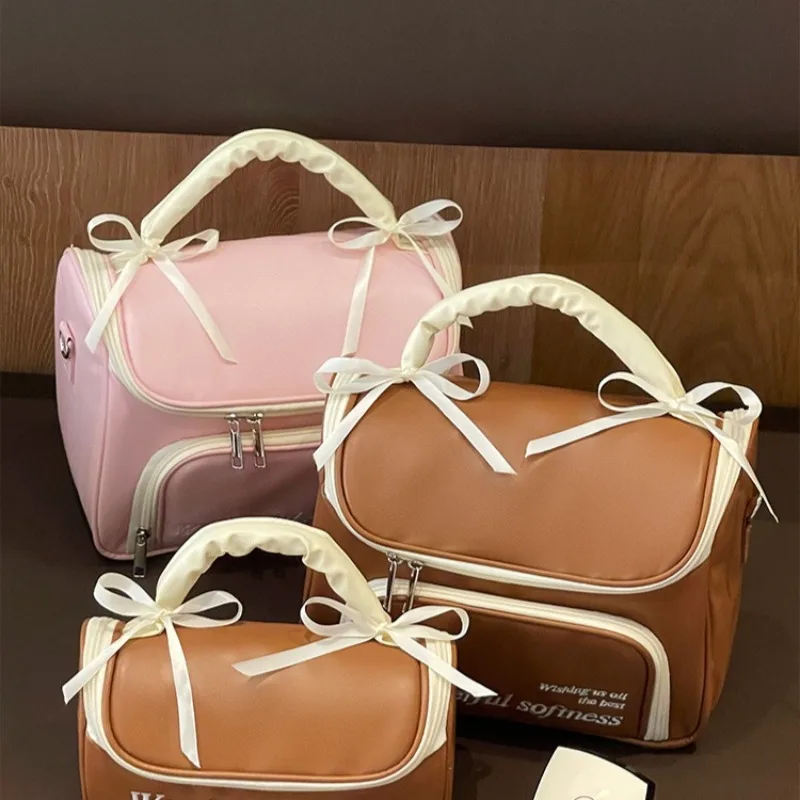 New Simple Bow Makeup Bag Portable Outdoor Handheld Storage Bag Waterproof Large Capacity Cosmetic Bag