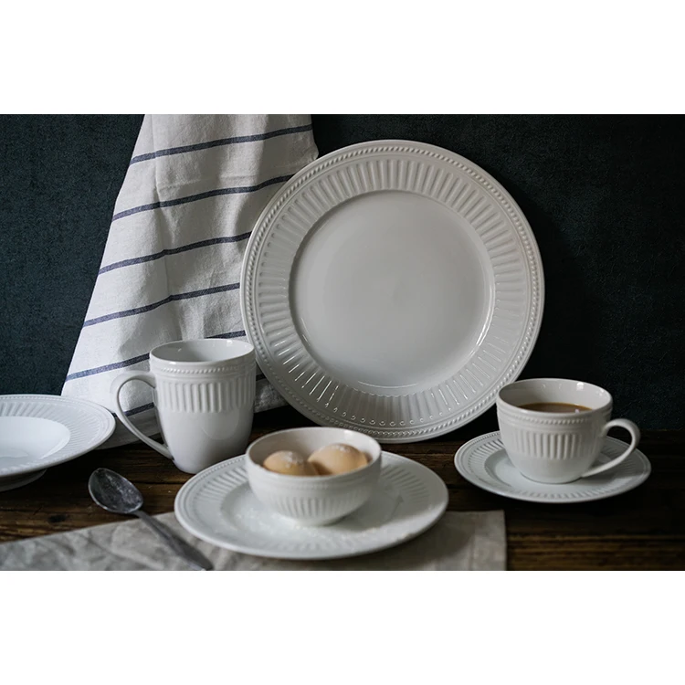 Pure white relief tableware ceramic dinner plate North European and American flat plate soup plate Bowl Mug coffee cup tea cup