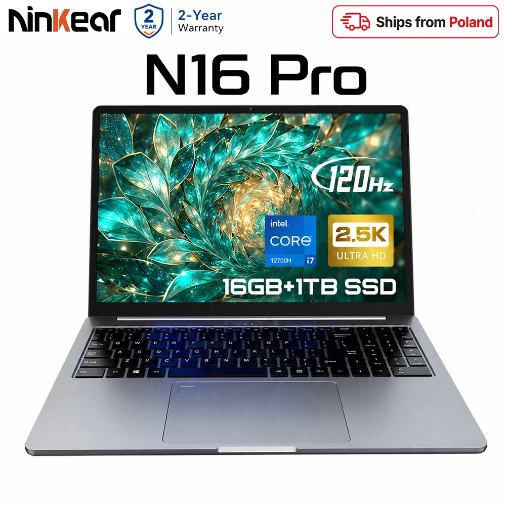 Ninkear N16 Pro Ordinateur Portable 16 Pouces Intel i7-12700H 16Go RAM 1To SSD Écran 2.5K 120Hz WiFi 6 Clavier Rétroéclairé Empreinte Digitale Notebook Métallique Fin Prise EU