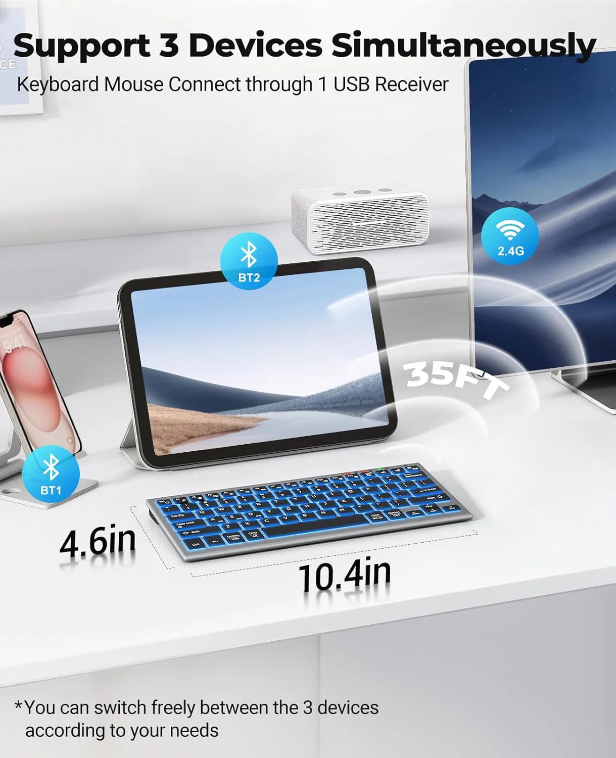 JOMAA Bluetooth Wireless Keyboard with 7 Colored Backlits, Rechargeable Compact Cordless Computer Keyboard for Windows, PC