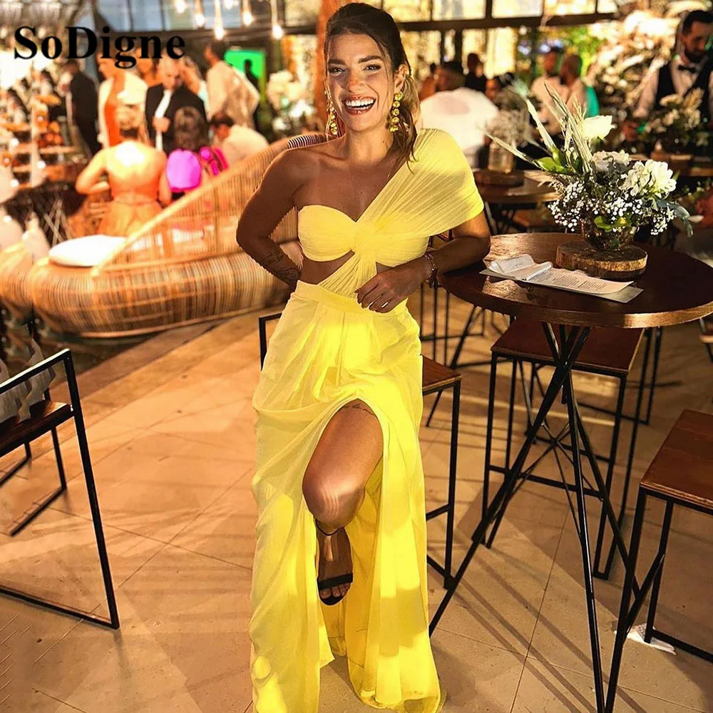 

SoDigne Yellow Evening Dresses Sexy Side Split Mermaid Evening Gowns Sweetheart One Shoulder Banquet Party Formal Prom Gowns